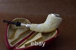 Ornate Horn PIPE BLOCK MEERSCHAUM-NEW-HAND CARVED W Case#158 Silver Spigot Stem