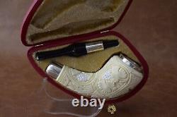 Ornate Horn PIPE BLOCK MEERSCHAUM-NEW-HAND CARVED W Case#158 Silver Spigot Stem
