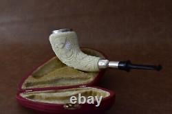 Ornate Horn PIPE BLOCK MEERSCHAUM-NEW-HAND CARVED W Case#158 Silver Spigot Stem