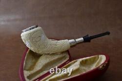 Ornate Horn PIPE BLOCK MEERSCHAUM-NEW-HAND CARVED W Case#158 Silver Spigot Stem