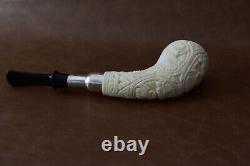 Ornate Horn PIPE BLOCK MEERSCHAUM-NEW-HAND CARVED W Case#158 Silver Spigot Stem