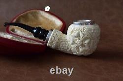 Ornate Pear PIPE-BLOCK MEERSCHAUM-NEW-HAND CARVED Case#627 925 Silver Reverse