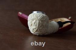 Ornate Pear PIPE-BLOCK MEERSCHAUM-NEW-HAND CARVED Case#627 925 Silver Reverse