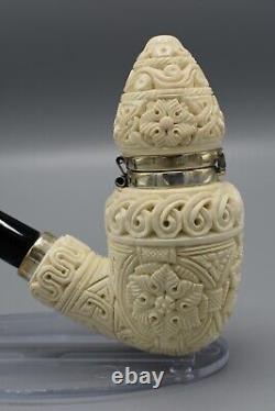 Ornate Pear Pipe Silver Wind Cap Handmade block Meerschaum New Case#80