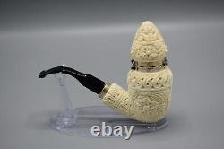 Ornate Pear Pipe Silver Wind Cap Handmade block Meerschaum New Case#80