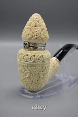 Ornate Pear Pipe Silver Wind Cap Handmade block Meerschaum New Case#80