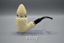 Ornate Pear Pipe Silver Wind Cap Handmade block Meerschaum New Case#80