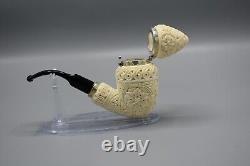 Ornate Pear Pipe Silver Wind Cap Handmade block Meerschaum New Case#80