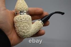 Ornate Pear Pipe Silver Wind Cap Handmade block Meerschaum New Case#80