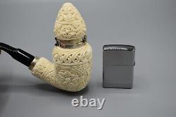 Ornate Pear Pipe Silver Wind Cap Handmade block Meerschaum New Case#80