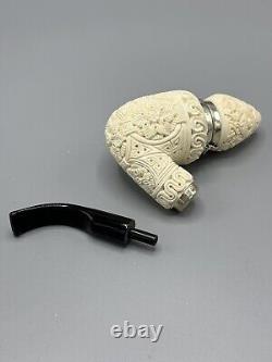 Ornate Pear Pipe Silver Wind Cap Handmade block Meerschaum New Case#80