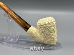 Ornate Pickaxe Pipe BLOCK MEERSCHAUM-NEW-HAND CARVED Case#190 Churchwarden Stem