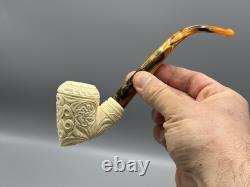 Ornate Pickaxe Pipe BLOCK MEERSCHAUM-NEW-HAND CARVED Case#190 Churchwarden Stem