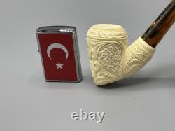 Ornate Pickaxe Pipe BLOCK MEERSCHAUM-NEW-HAND CARVED Case#190 Churchwarden Stem