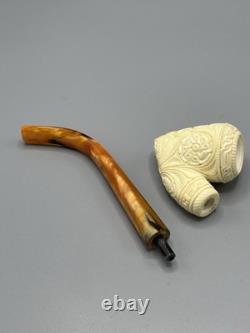 Ornate Pickaxe Pipe BLOCK MEERSCHAUM-NEW-HAND CARVED Case#190 Churchwarden Stem