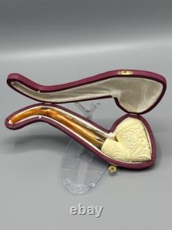 Ornate Pickaxe Pipe BLOCK MEERSCHAUM-NEW-HAND CARVED Case#190 Churchwarden Stem
