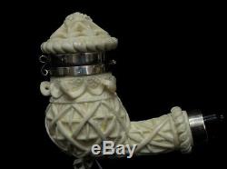 Ottoman Geometric Block Meerschaum Pipe witha Lid, Silver Band, Acrylic Rare 7590