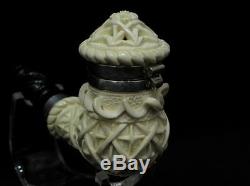 Ottoman Geometric Block Meerschaum Pipe witha Lid, Silver Band, Acrylic Rare 7590