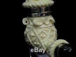 Ottoman Geometric Block Meerschaum Pipe witha Lid, Silver Band, Acrylic Rare 7590