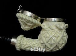 Ottoman Geometric Block Meerschaum Pipe witha Lid, Silver Band, Acrylic Rare 7590