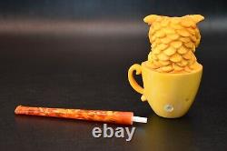 Owl In A Cup Pipe BY SADIK YANIK Block Meerschaum-NEW Handmade W CASE#490