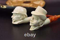 Sherlock Holmes &Dr Watson pipe Set New Handmade Block Meerschaum W Case47