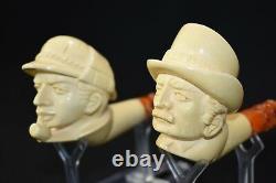 Sherlock Holmes &Dr Watson pipes New Handmade Block Meerschaum W Case#568