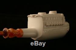 Ship Hand Carved Block Meerschaum Pipe in a fitted CASE 7230