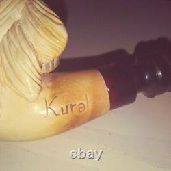 Signed Hand Carved Ural Block Meerschaum Pipe Lion's Head with Custom Case