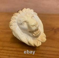 Signed Hand Carved Ural Block Meerschaum Pipe Lion's Head with Custom Case