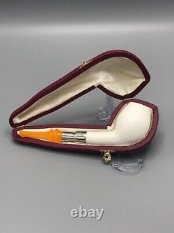 Silver Spigot Devil Anse PIPE-BLOCK MEERSCHAUM-NEW-HAND CARVED W Case#1552