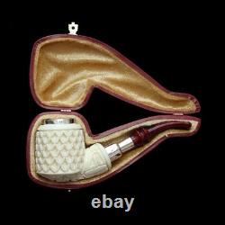 Silver Spigot Ornate Billiard Pipe New block Meerschaum Handmade W Case#981