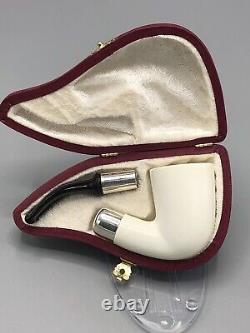Silver Spigot Stem Bent PIPE-BLOCK MEERSCHAUM-NEW-HAND CARVED W Case#1790