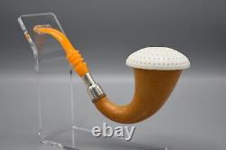 Silvery African Gourd Calabash Pipe W Block Meerschaum Cap Handmade Case#1367