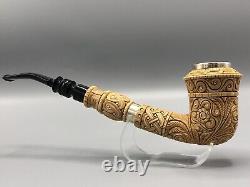 Silvery Ornate Rhodesian Pipe By EGE -new-block Meerschaum Handmade W Case#255