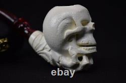 Skull In Bone Hand Pipe New Block Meerschaum Handmade W Case-Stand#1061