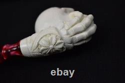 Skull In Bone Hand Pipe New Block Meerschaum Handmade W Case-Stand#1061