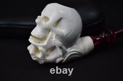 Skull In Bone Hand Pipe New Block Meerschaum Handmade W Case-Stand#1061