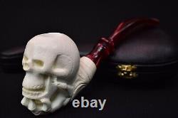 Skull In Bone Hand Pipe New Block Meerschaum Handmade W Case-Stand#1061