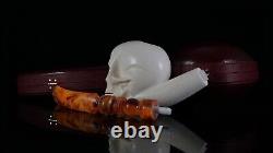 Skull Pipe Block Meerschaum-NEW Custom Fitted Case# 1575 Churchwarden Stem