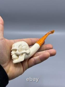 Skull Pipe New Block Meerschaum Handmade W Case#919