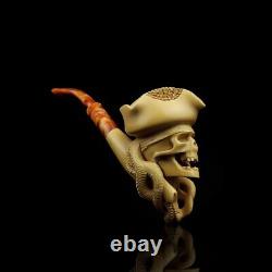 Skull Pirate PIPE BLOCK MEERSCHAUM NEW Handmade With Case#321