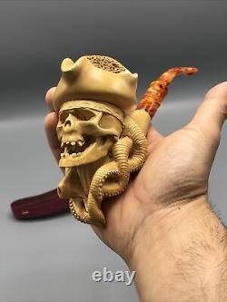 Skull Pirate PIPE BLOCK MEERSCHAUM NEW Handmade With Case#321