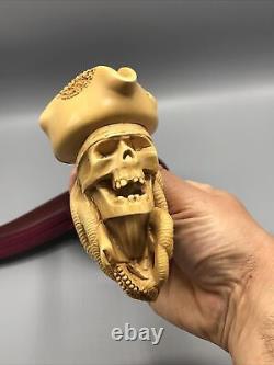 Skull Pirate PIPE BLOCK MEERSCHAUM NEW Handmade With Case#321