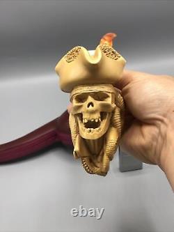 Skull Pirate PIPE BLOCK MEERSCHAUM NEW Handmade With Case#321