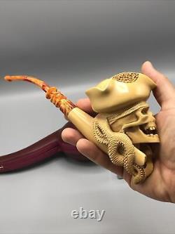 Skull Pirate PIPE BLOCK MEERSCHAUM NEW Handmade With Case#321