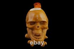 Skull W Bones Pipe Block Meerschaum-NEW Handmade W CASE#1372
