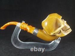 Skull figure meerschaum pipe with silver ring, block meerschaum
