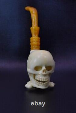 TEKIN Skull W Bones Pipe BLOCK MEERSCHAUM-NEW-HAND CARVED W Case#990