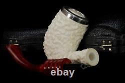 TEKIN Slim Rustic Bent Pipe BLOCK MEERSCHAUM-NEW-HAND CARVED W Case#896 Silver